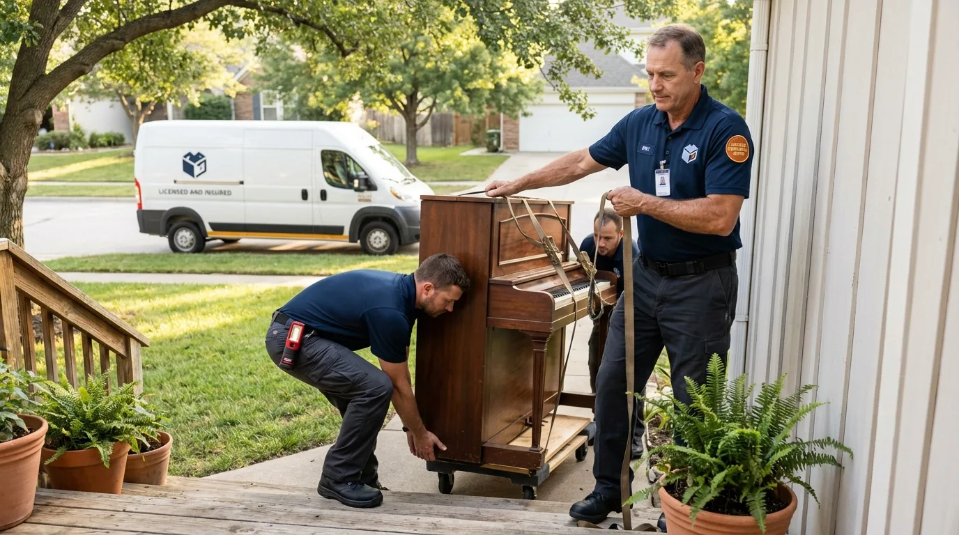 Licensed piano movers securing grand piano in Miller Place, NY