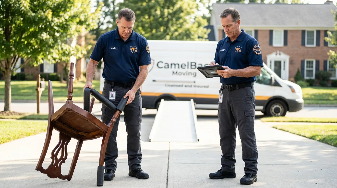 Movers inspecting furniture for damage prevention before loading in Miller Place, NY