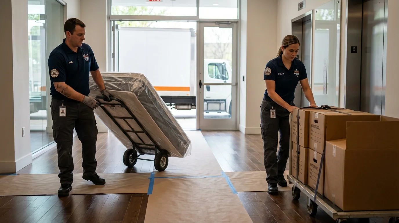 Professional apartment movers loading elevator in Miller Place, NY