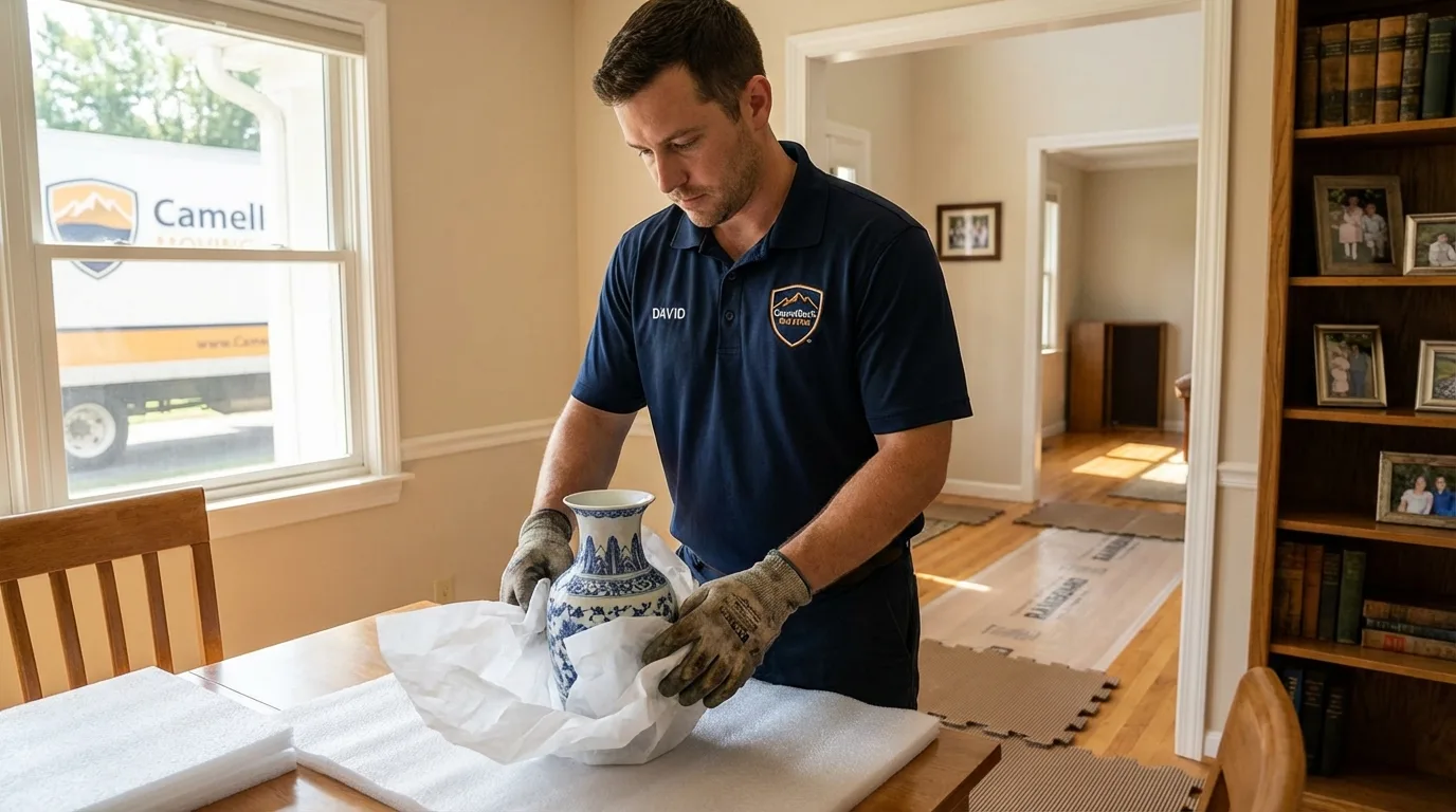 Professional crew carefully wrapping antique vase for senior downsizing move in Miller Place, NY