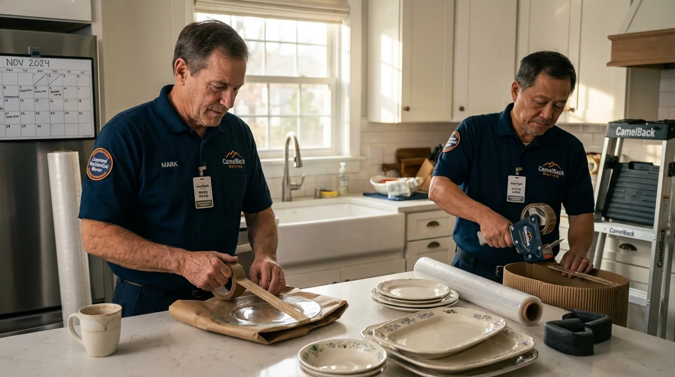 Professional crew packing kitchen dishware in Miller Place, NY